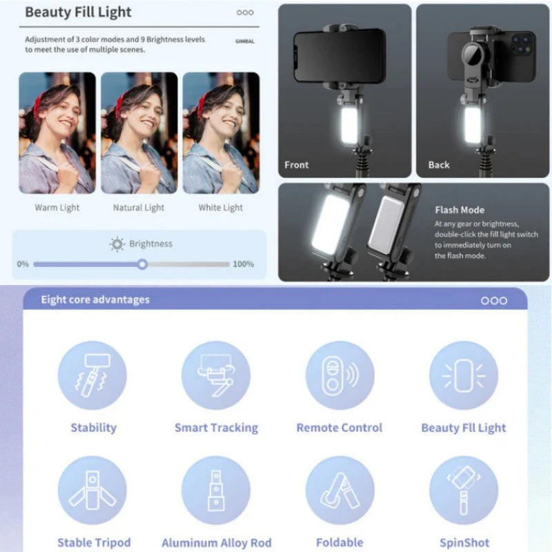 Stabilisateur à cardan pliable à 3 axes et rotatif à 360° pour l'enregistrement sur smartphone - Image 3